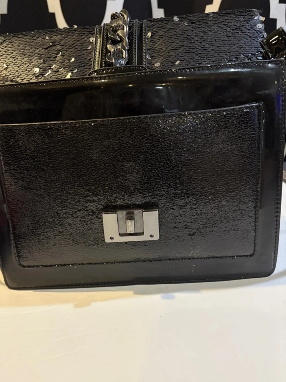 Aldo Black Sequin Satchel Chain Purse Party Evening Y2K Patent Bag